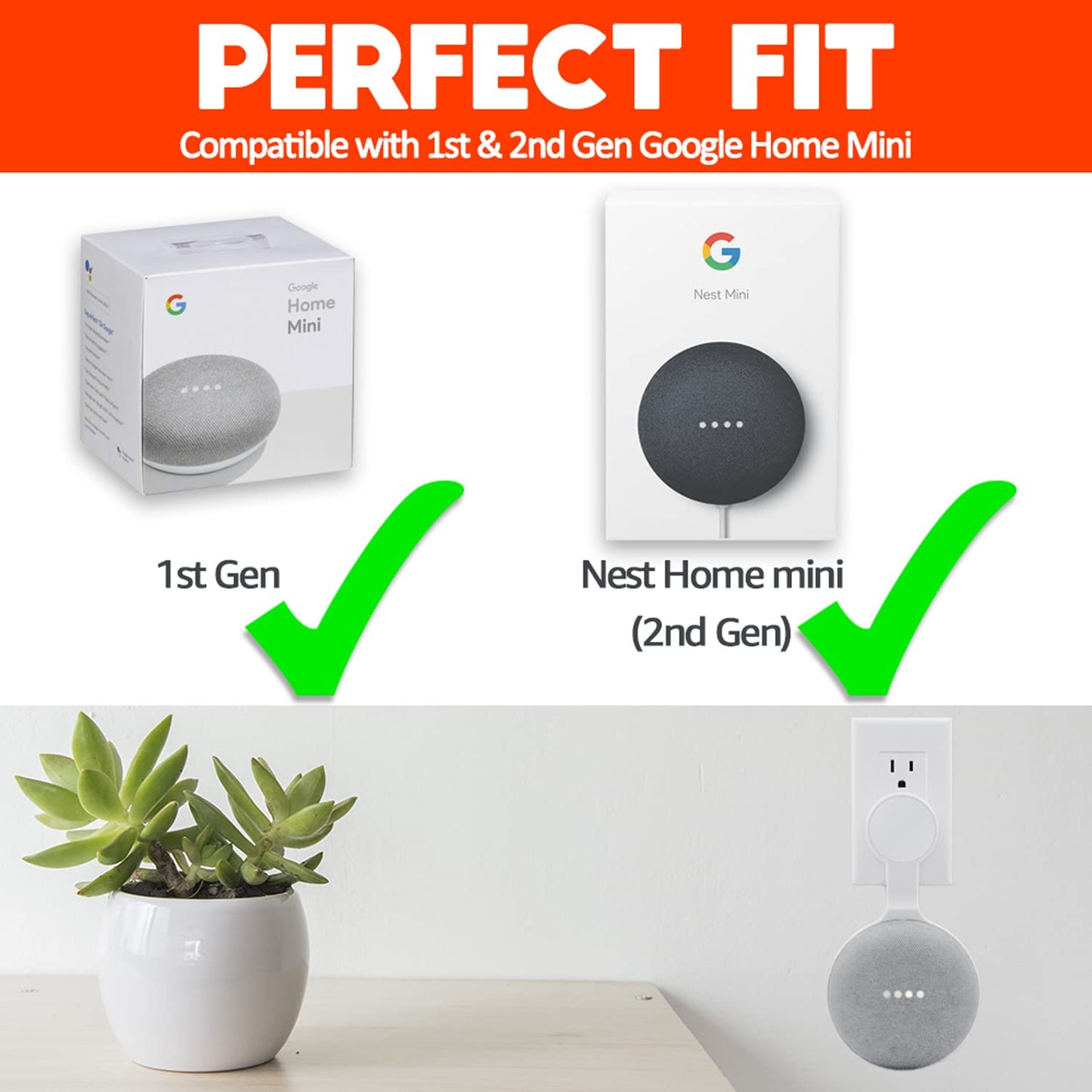 AMORTEK Outlet Wall Mount Holder for Google Nest Mini (Home Mini 2nd Gen and 1st Gen), A Space-Saving Accessories for Google Nest Mini Voice Assistant