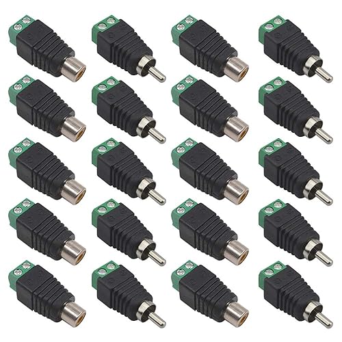 FULARR 20Pcs Professional RCA Connector Kit, 10 Pairs RCA Male Plug & Female Socket to AV Screw Terminal Block Audio Video Connector Adapter, for CCTV