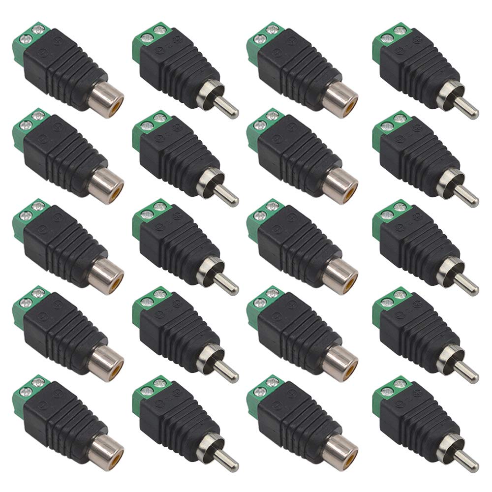 FULARR 20Pcs Professional RCA Connector Kit, 10 Pairs RCA Male Plug & Female Socket to AV Screw Terminal Block Audio Video Connector Adapter, for CCTV