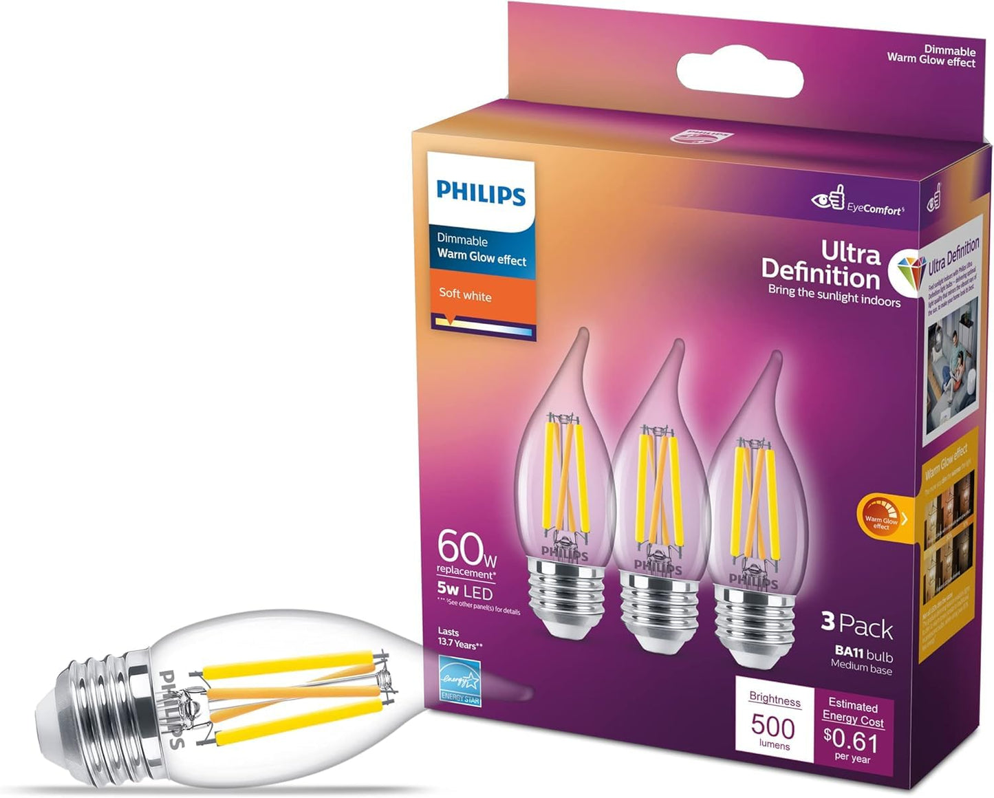PHILIPS LED 60W BA11 E26 Base 3-Pack Ultra Definition Soft White (2700K) 500 Lumen (5W=60W) Dimmable Clear No Flicker Candelabra Light Bulbs