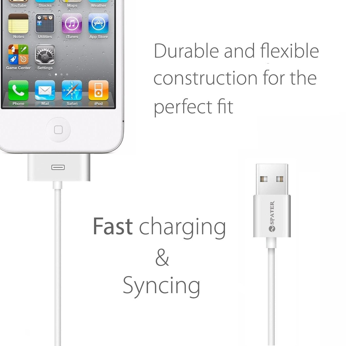 Spater iPhone 4s Cable, 30-Pin USB Sync and Charging Data Cable for iPhone 4/4S/3G/3GS, iPad 1/2/3, and iPod (5'/1.5 Meter) - Pack of 2
