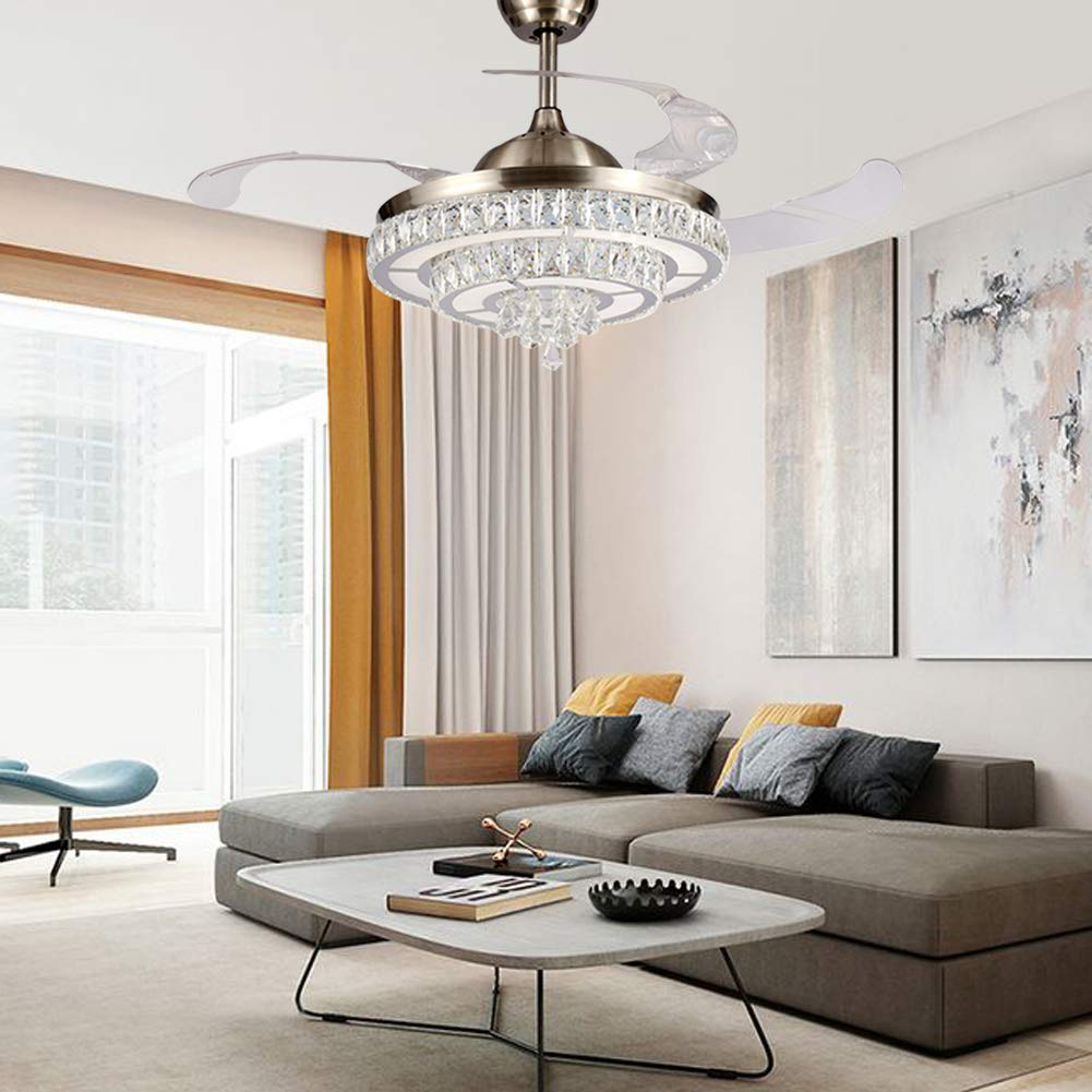KPIBEST 42 inch Crystal Ceiling Fan with Light and Remote Control 3 Lights Level, Modern Indoor Invisible Retractable Chandelier Fans Lighting with 3