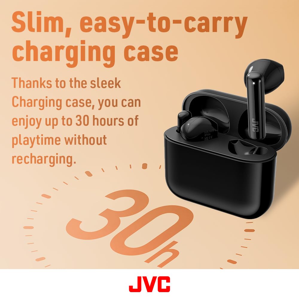 JVC Lightweight True Wireless Earbuds with 12mm Driver Unit, Bluetooth 5.1, Single use, IPX4, Long Battery Life (up to 30 Hours) - HAA4TB (Black)