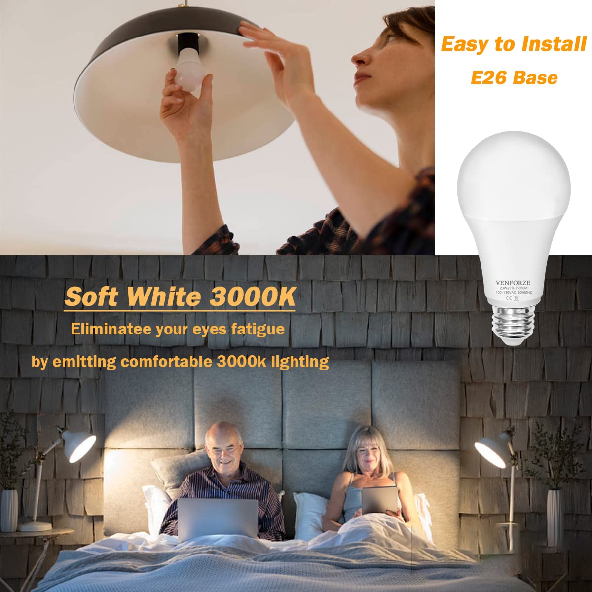 Venforze Bright Light Bulb,150w-200w Equivalent 2500LM E26 Led Bulb 23W Soft White 3000K A21 Led Light Bulb Non-Dimmable 2-Pack