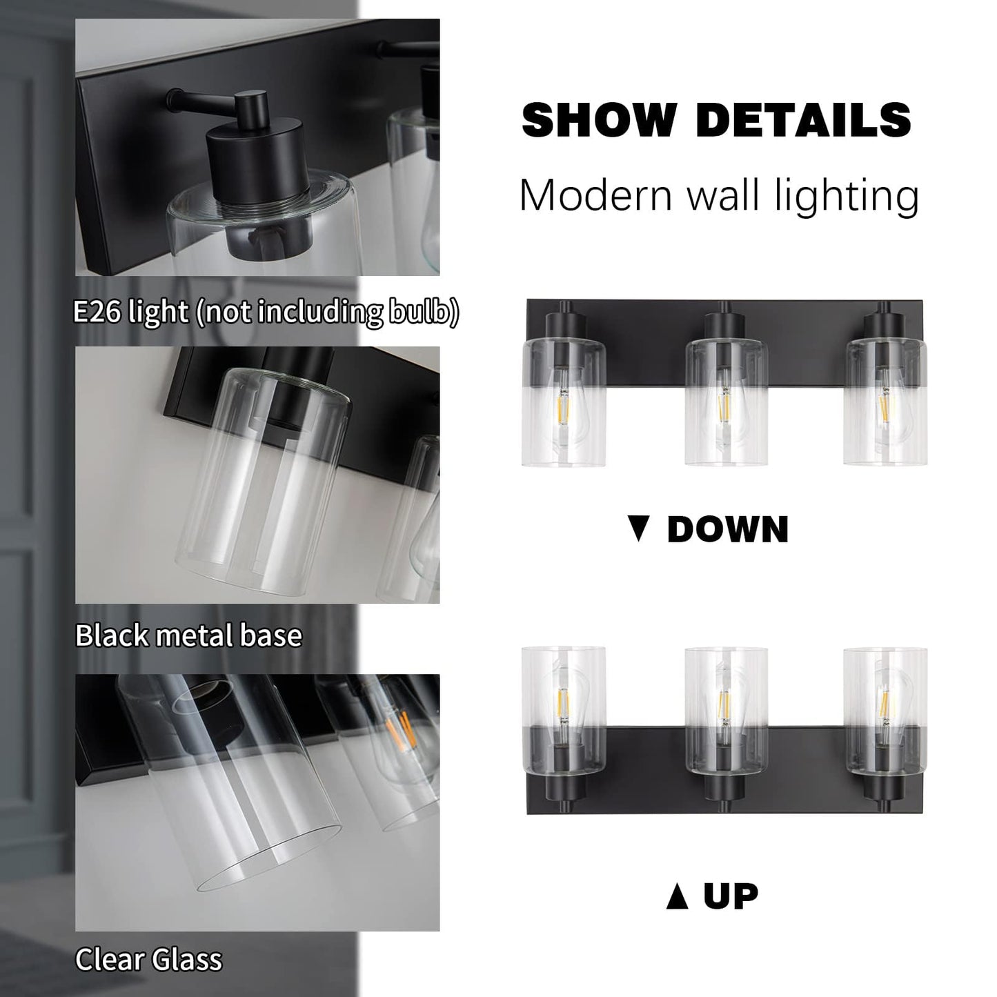 Chosenior 3-Light 22 Inch Matte Black Bathroom Vanity Light, Modern Farmhouse Wall Sconce Over Mirror with Clear Glass Shade E26 Base