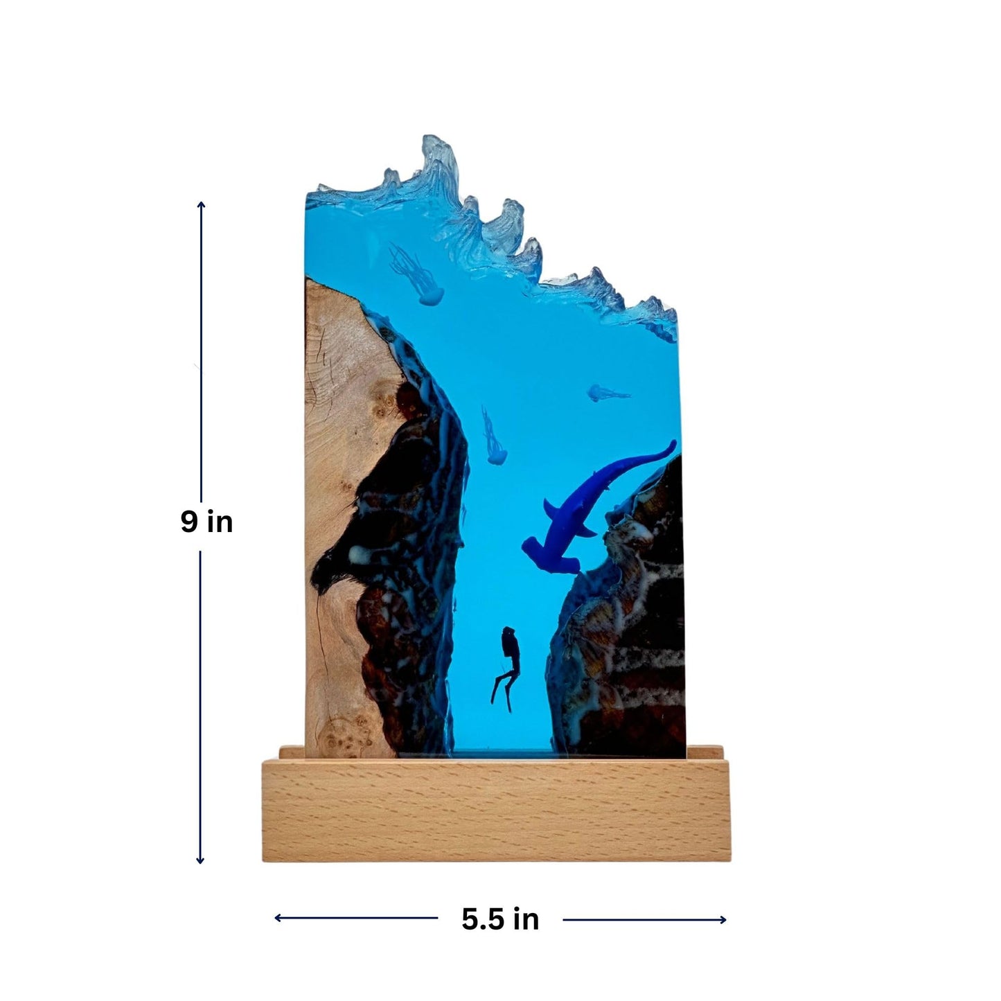 DiscoverSharks Hammerhead LED Ocean Night Light - Recycled Resin Ocean Lamp - Office, Desk, Bathroom or Bedroom Night lamp. Shark Night Light