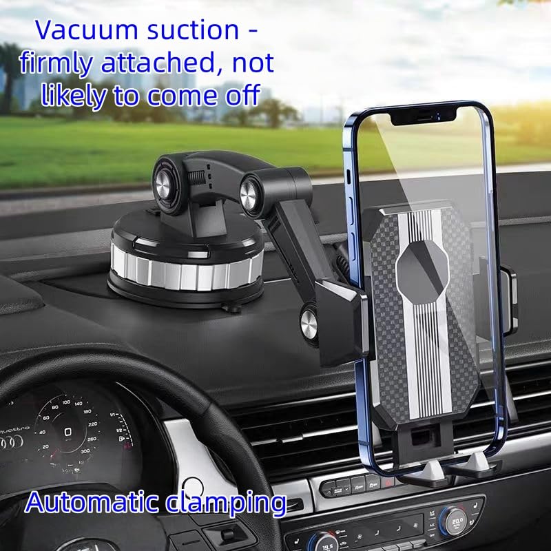 HOUGXD Car Phone Mount with Vacuum Suction Cup, Universal Dashboard Windshield Holder, Black Metal Construction, Automatic Clamping System, Compatible
