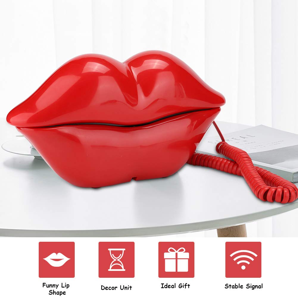 Corded Landline Phone, Multi Functional Cute Red Lip Shape Telephone Classic Old Retro Desk Telephone for Home Hotel Office Decoration Kids Gift