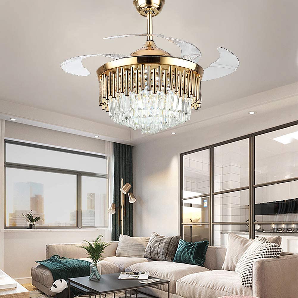 Fandian Crystal Ceiling Fan with Light Remote Control Fandelier, Modern Retractable Luxury Chanmdeliers Fan with 3 Color Change LED Light 3 Speed