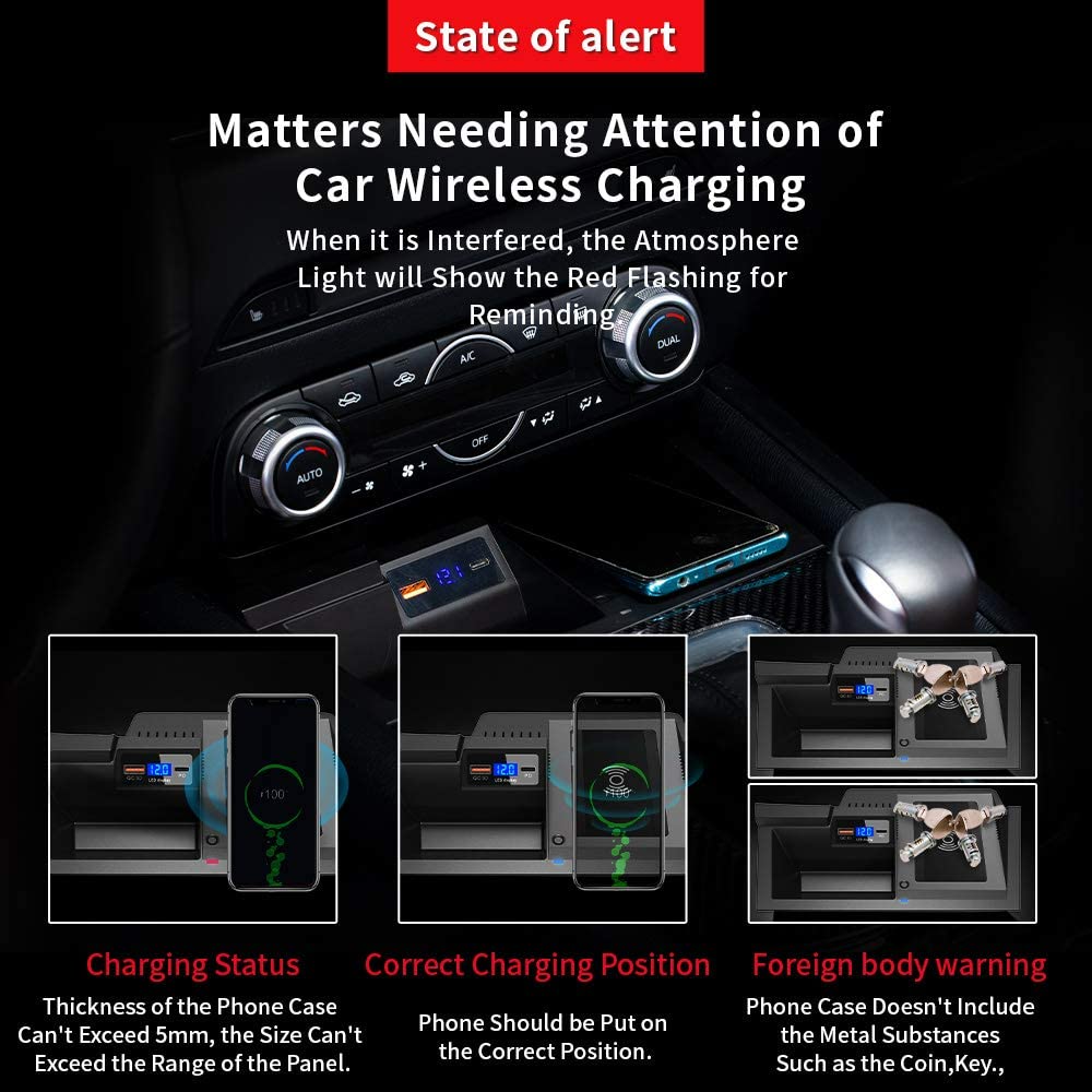 ZChan Car Wireless Charger Mount fit for Mazda CX5 2023 2022 2021 2020 2019 2018 2017,Output of 15W QC 3.0 Fast Charging Compatible