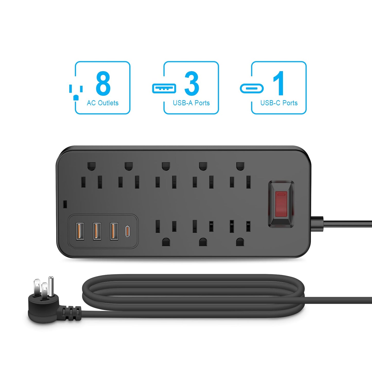 Extension Cord Surge Protector Power Strip - Flat Plug Braided Power Bar with 8 Widely Outlets and 4 USB Ports(1 USB C), Multi Plug Wall Mount Desk