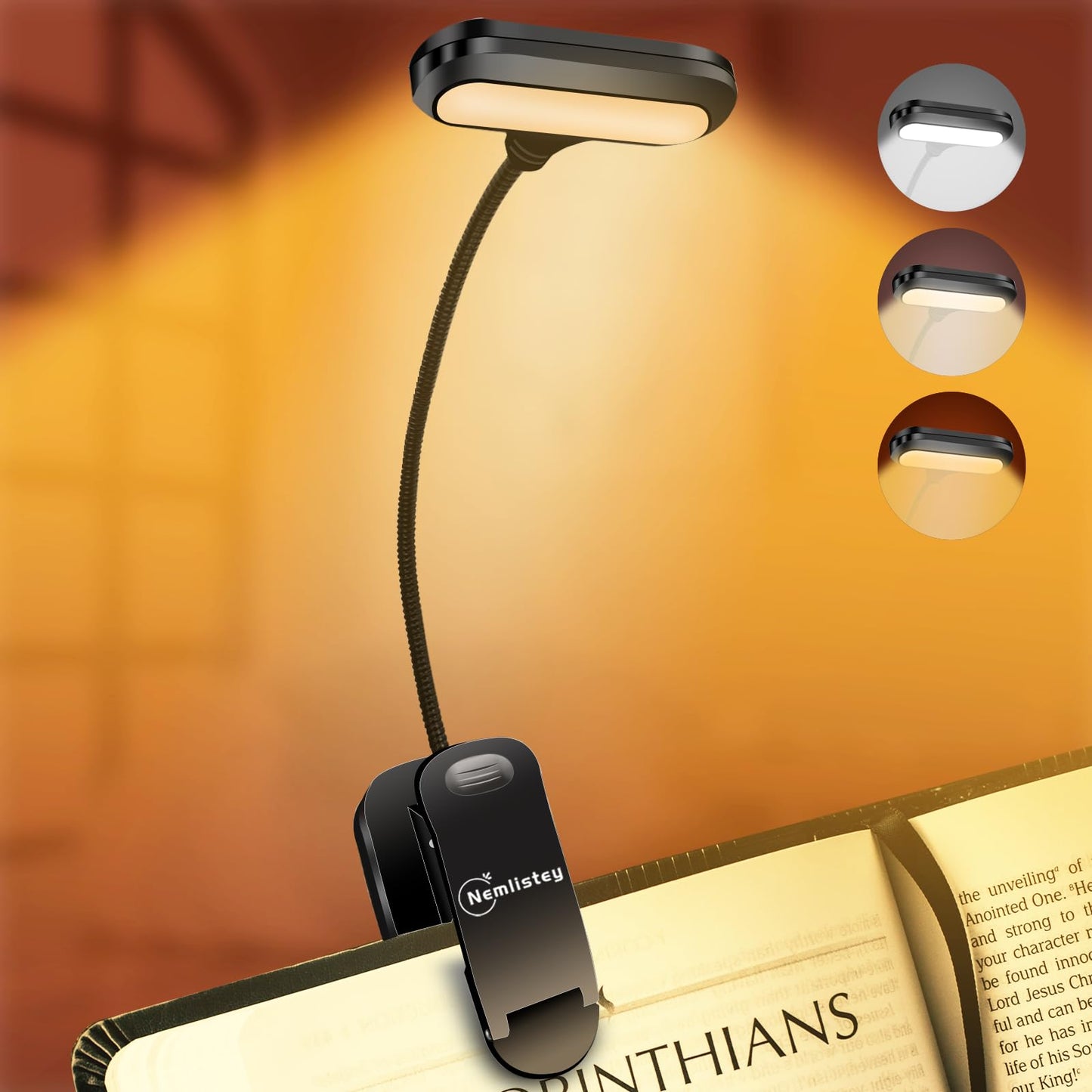 Rechargeable Book Light, Reading Lights for Books in Bed with 3 Color Temperatures & Stepless Dimming Brightness, 360°rotatable clip-on reading light