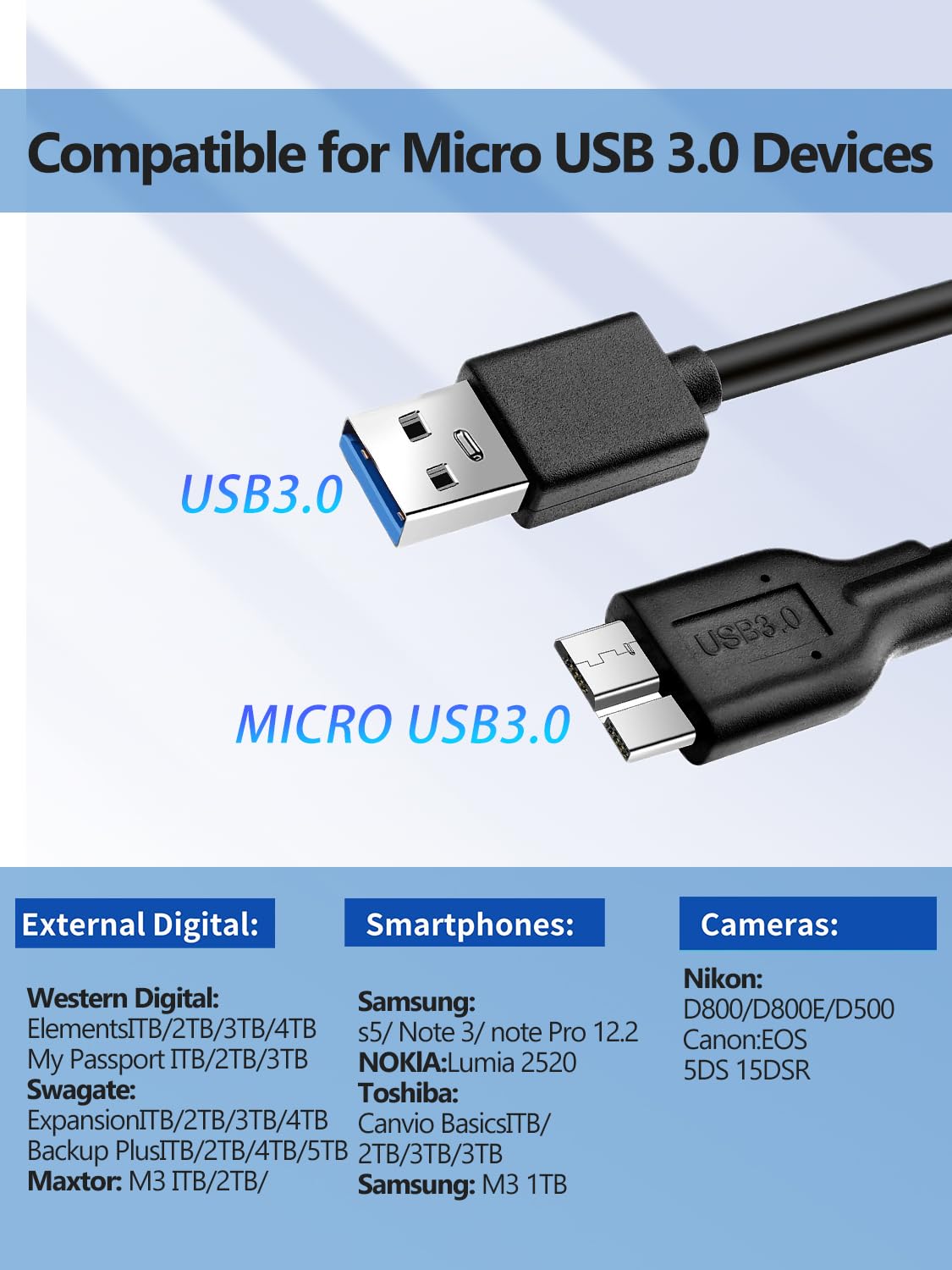 Techigher Micro USB 3.0 Cable 1 ft, USB 3.0 Type A Male to Micro B, for External Hard Drives (1)
