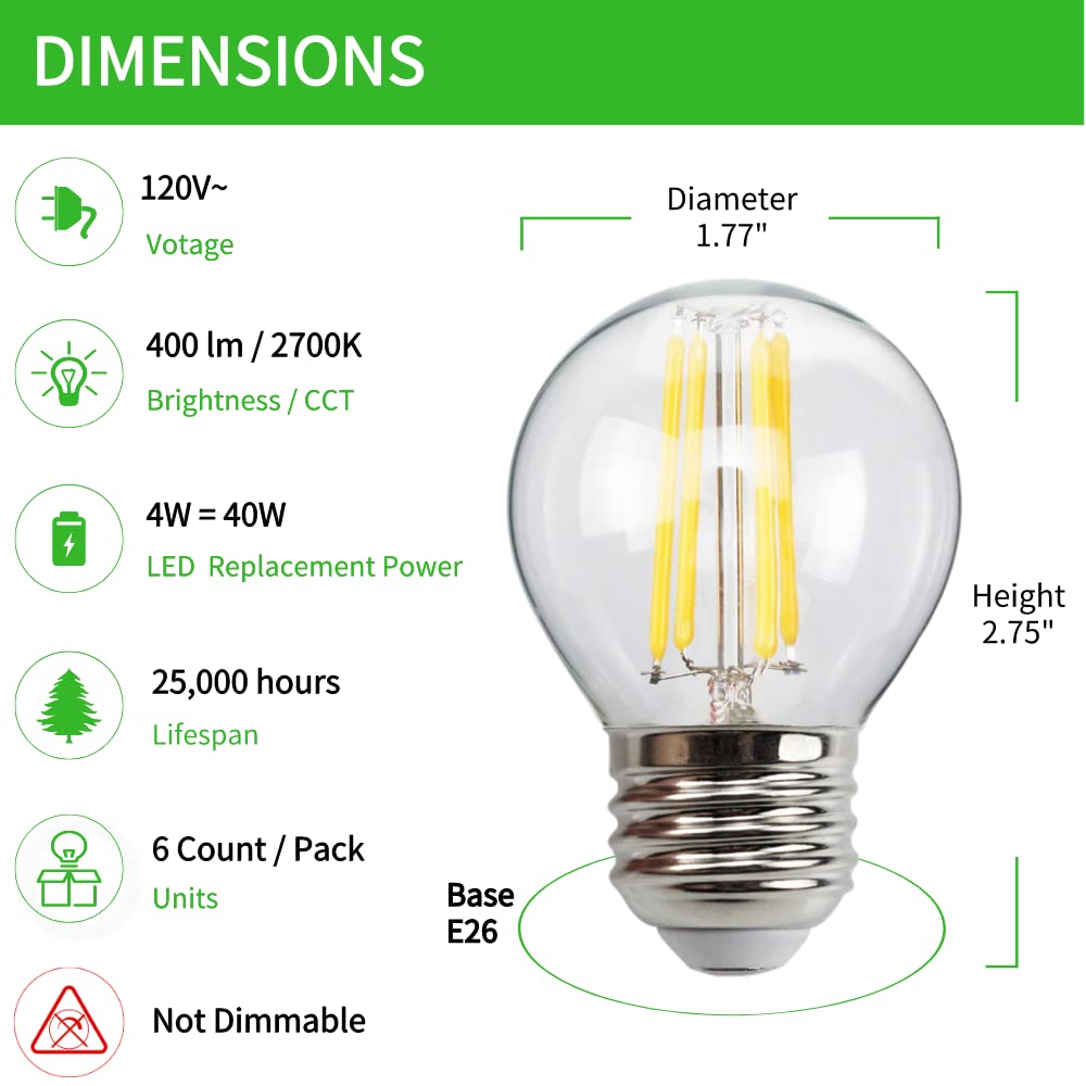G45 E26 LED Small Globe Bulbs 40Watt Equivalent, 2700K Warm White