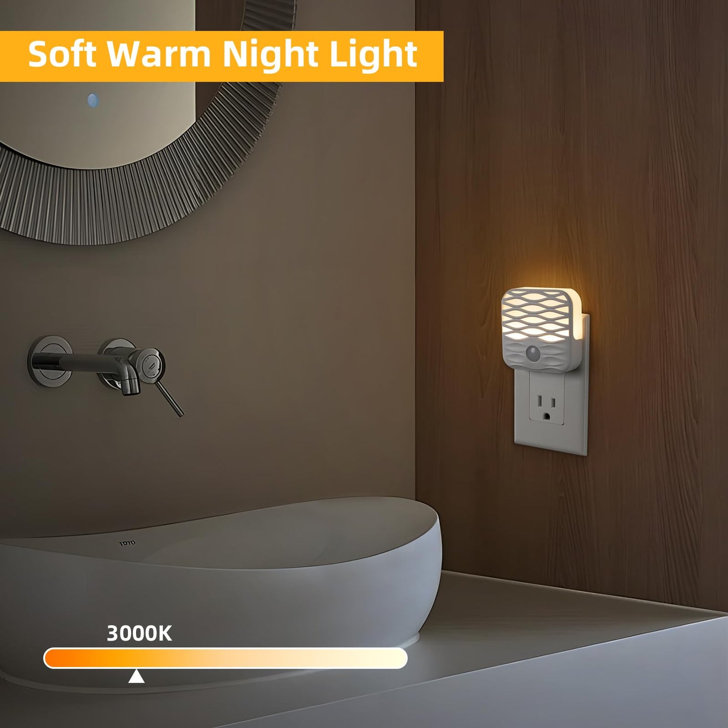 Dawnrise Night Lights Plug Into Wall, Dusk to Dawn Night Light with 3000K/10Lm, Soft Warm Nightlights for Hallway, Living Room, Kitchen, Office