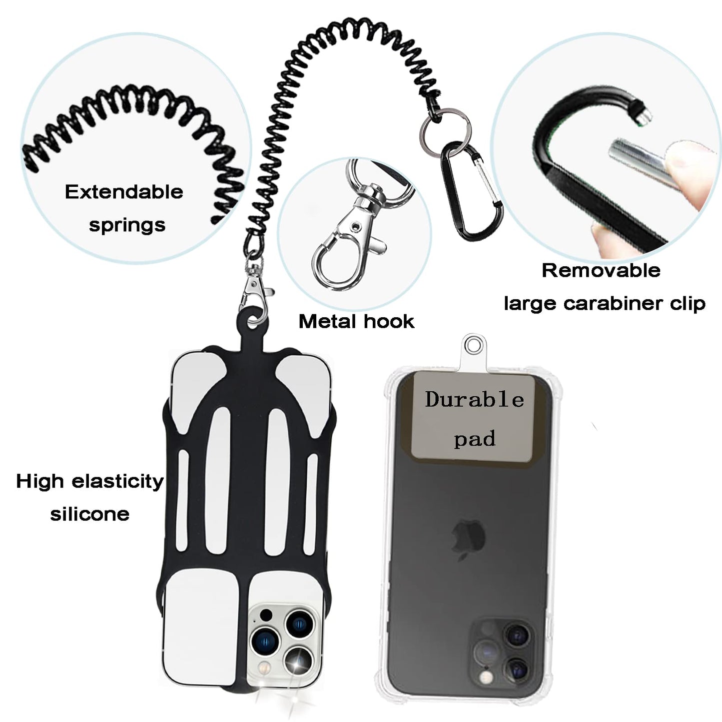 Prime Comfort Phone Tether with 2 Patch and Silicone Phone Holder,2 in 1 iPhone Lanyard Tether with Carabiner Clip for Anti-Drop,Fits Most Cell Phones