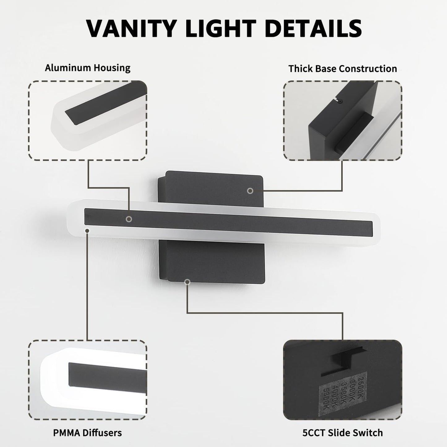 JUSHENG Black Vanity Lights for Bathroom, 5CCT Dimmable Bathroom Light Fixtures Over Mirror, Modern LED Vanity Light Bar Above Mirror 16'' Inch 16W
