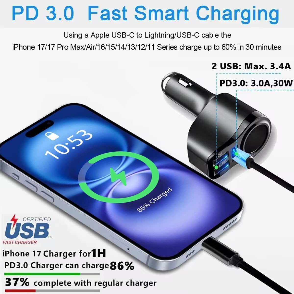 4 in 1 USB C Car Charger, 168W Multi USB Cigarette Lighter Adapter, Socket Splitter with 3 USB Ports, 12V/24V Dual USB Type C PD Fast Car Charger