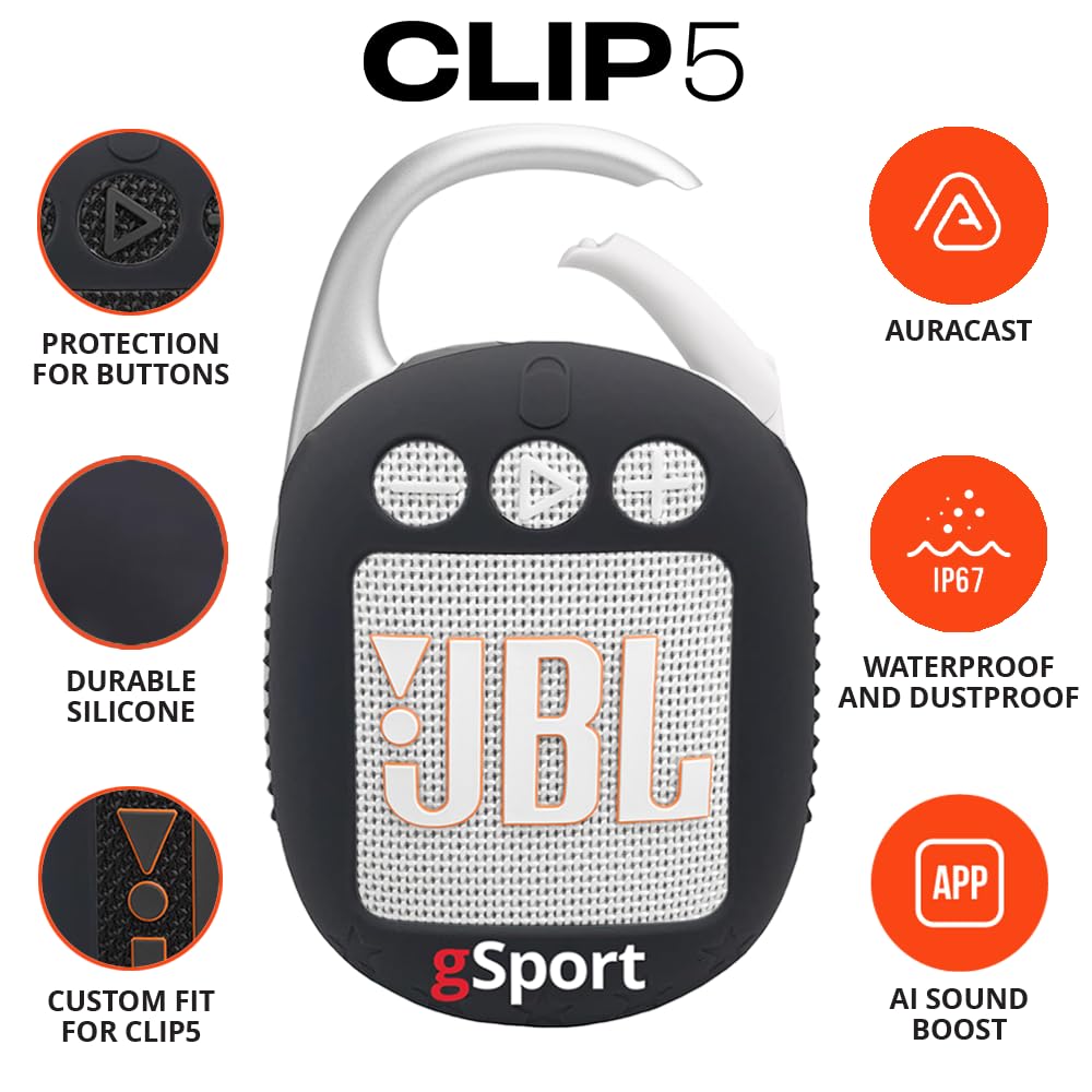 JBL Clip 5 Ultra Portable Bluetooth Speaker with gSport Silicone Sleeve (White)