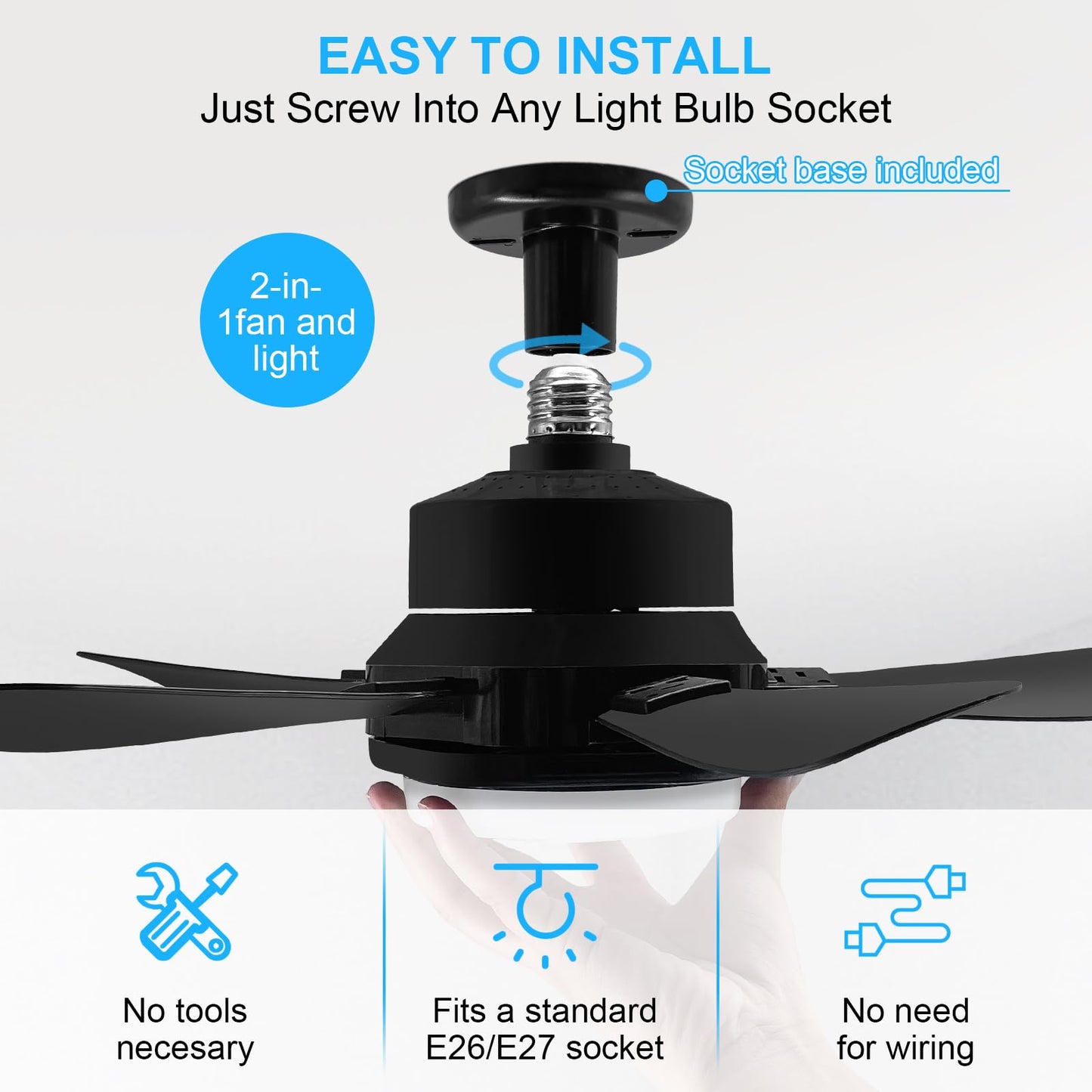 Socket Fan Light With Remote, Screw Ceiling Fans with Lights, 5 Reversible Blades, Quiet 6-Speed DC Motor, Dimmable Socket Fan for Garage Bathroom