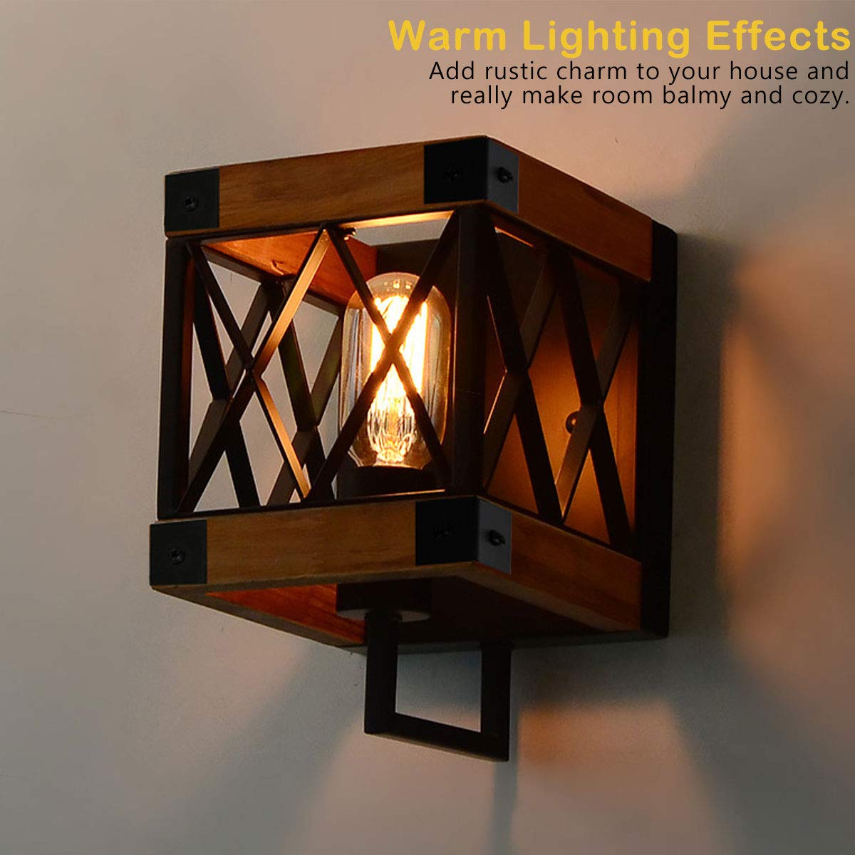 Eumyviv 1-Light Rustic Wood Wall Lamp with Mesh Cage Industrial Wall Sconce, Retro Bathroom Lamp Log Cabin Home Vintage Edison Sconce Light Fixture