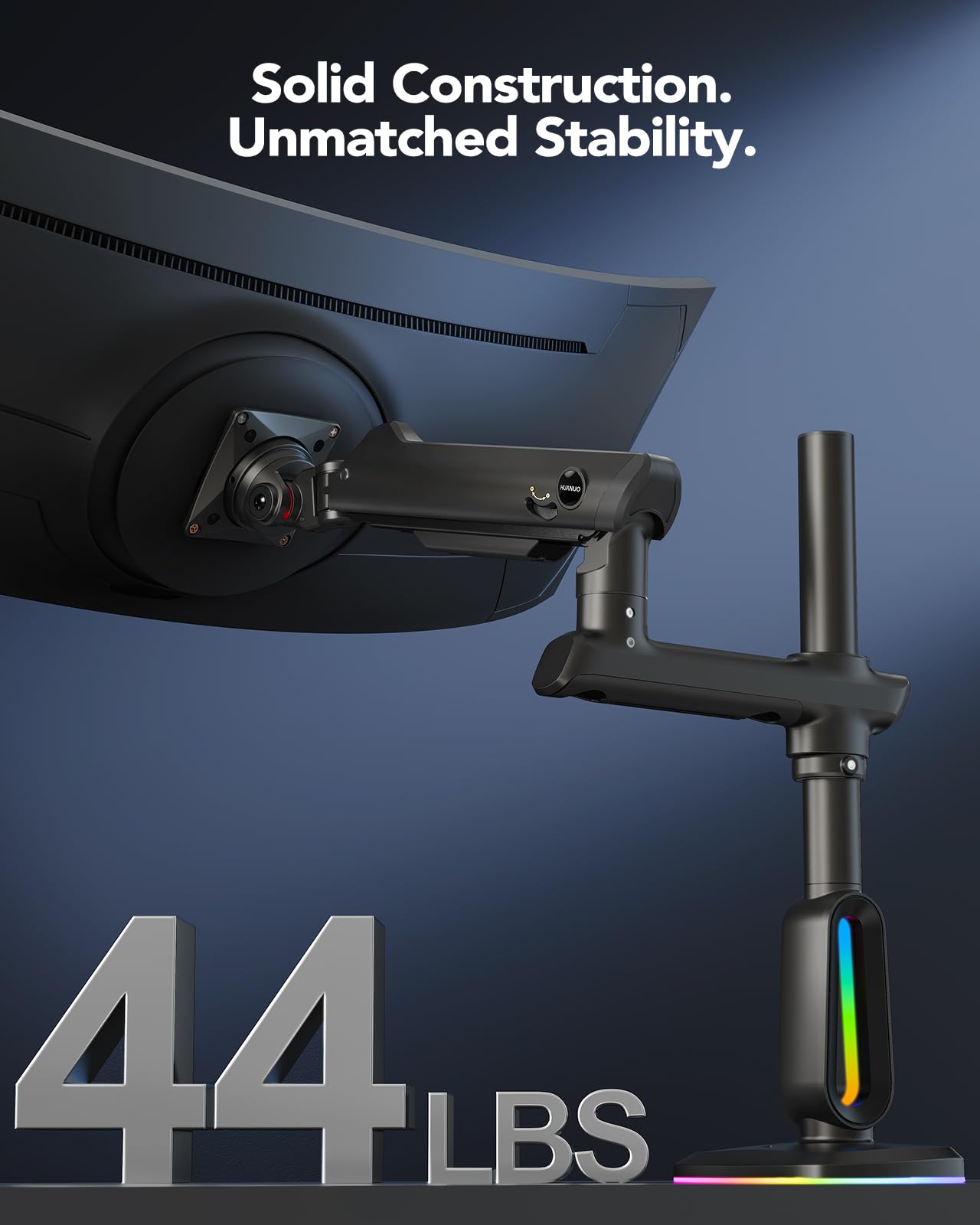 HUANUO RGB Heavy Duty Monitor Arm for Ultrawide Screens up to 57", Holds 44 lbs, Tall Ultrawide Monitor Stand with 29.1" Max Height, Fully Adjustable