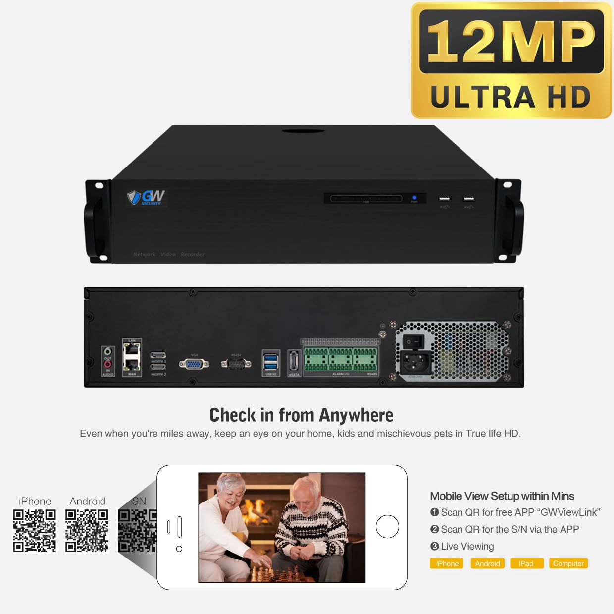 GW Security 64 Channel NVR UltraHD 12MP 4K @30FPS Face/Human/Vehicle Detection PoE Security Camera System with 32 x 12MP IP Microphone Smart AI Dome