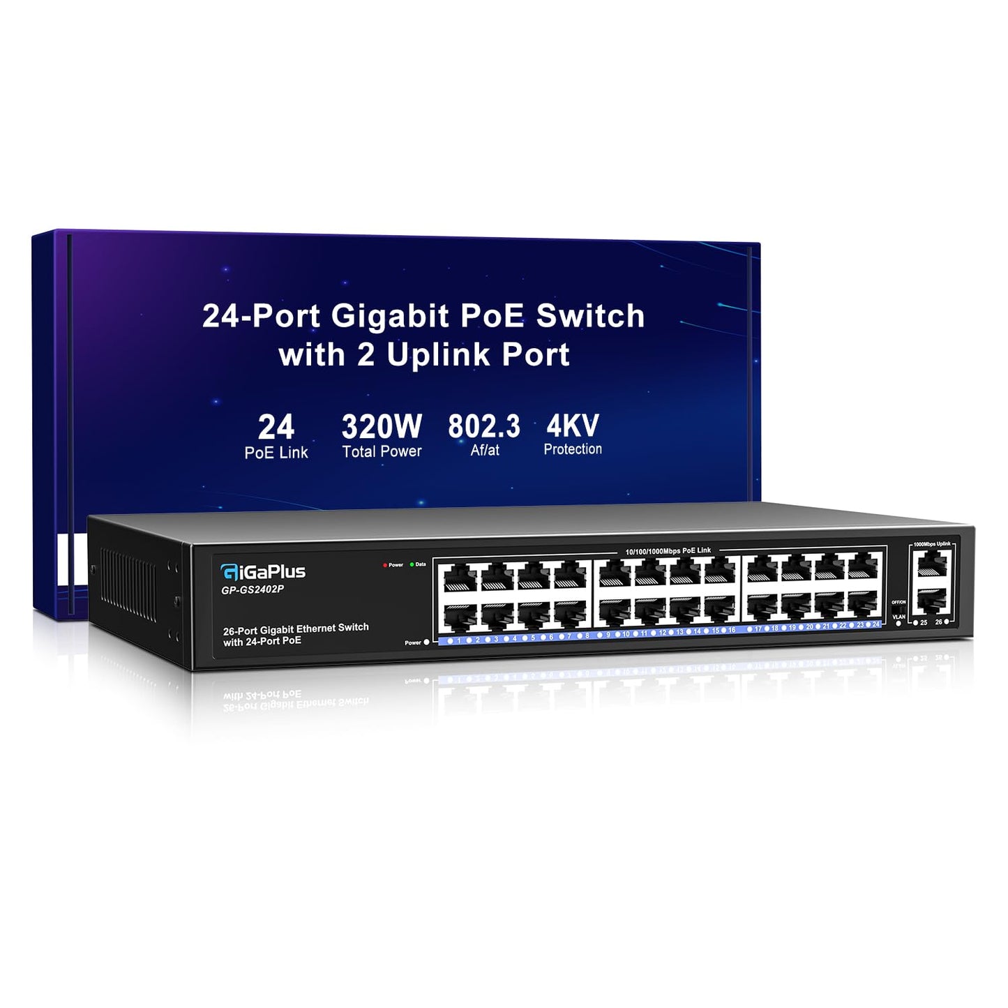 26 Port Gigabit PoE Switch with 24 Port PoE+ 1000Mbps, 2x1000Mbps Uplink, GiGaPlus 26 Port IEEE802.3af/at PoE @320W, Support VLAN, Metal Housing