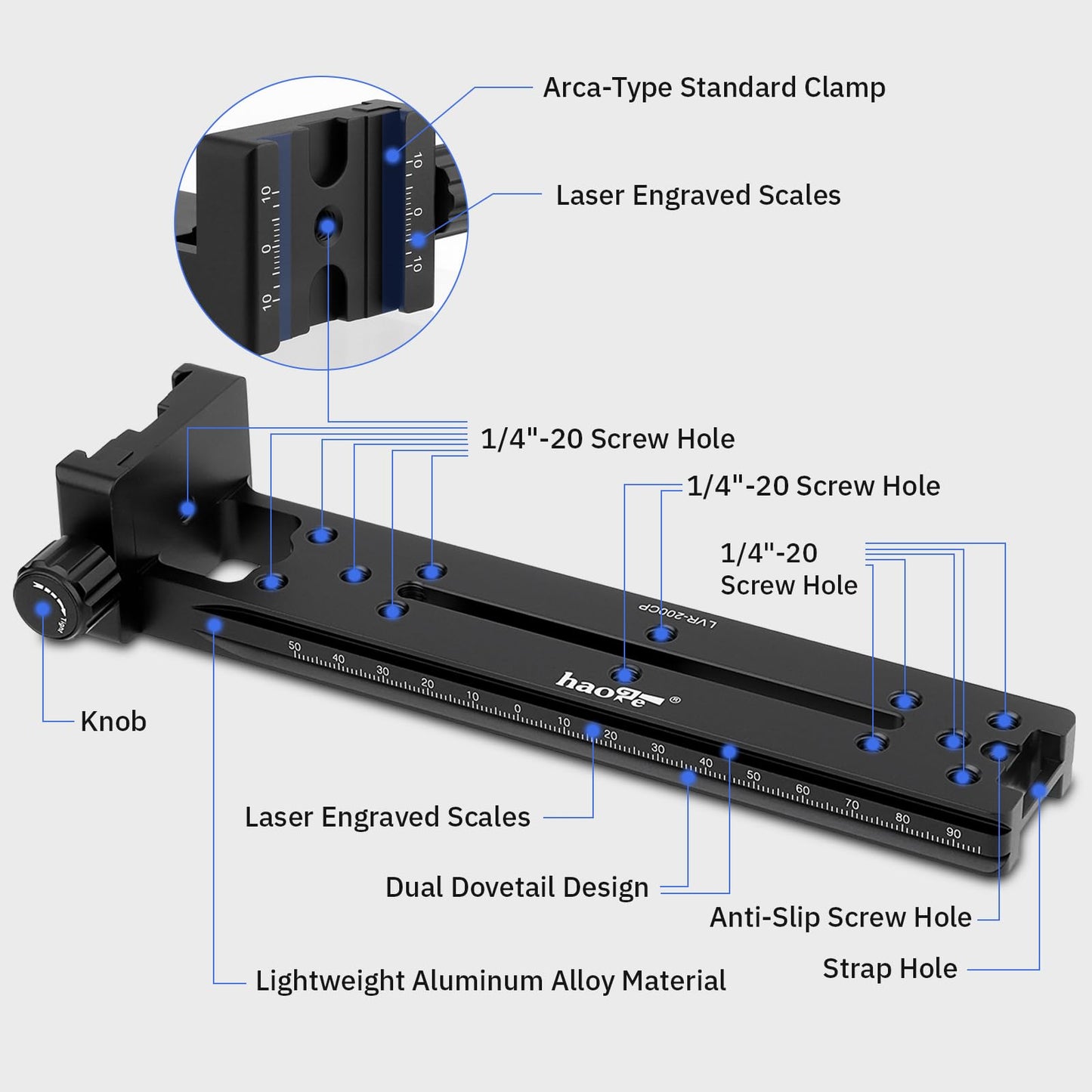 Haoge LVR-200CP 200mm Dual Dovetails Nodal Slide Vertical Rail with 90 Degree Quick Release Clamp Compatible with Arca-Swiss SUNWAYFOTO