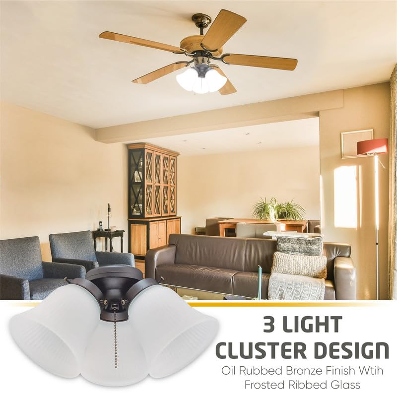 Ciata Modern Ceiling Fan Light Fixture Kit with 3 Frosted Ribbed Glass Bulb Shades and LED Lighting, Energy Efficient, Low Profile Cluster for Bedroom