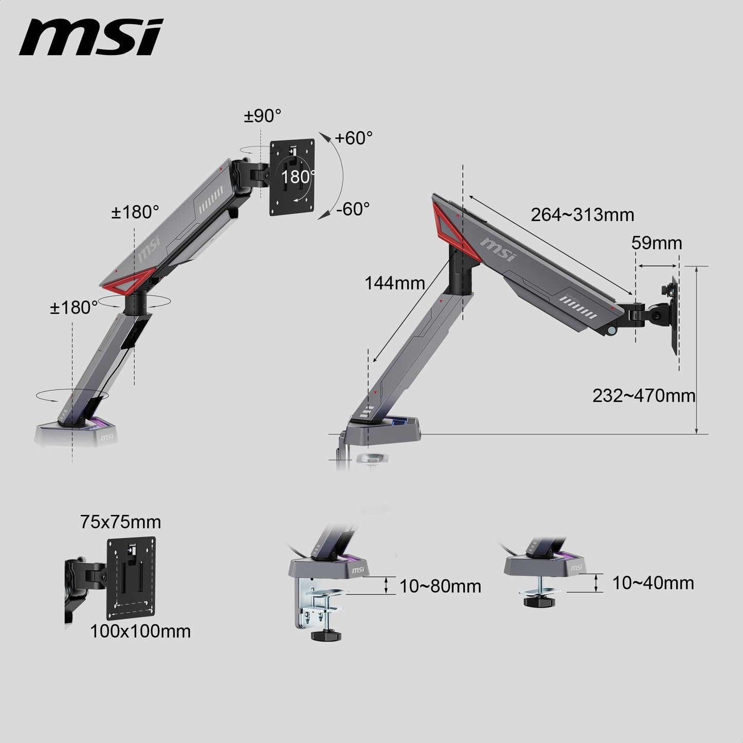 MSI MPG MT161R - Premium RGB Single Monitor Stand Arm, Supports 17-45" Screens and 35.2 lbs, VESA Compatible, Adjustable Spring Assisted Mount, Clamp