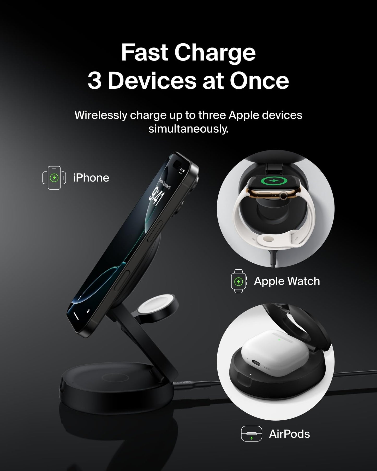 Belkin MagSafe Charger Compatible, 3-in-1 Qi2 15W Wireless Charging Station, Convertible Wireless Charger for iPhone 17, Apple Watch, AirPods, Pixel