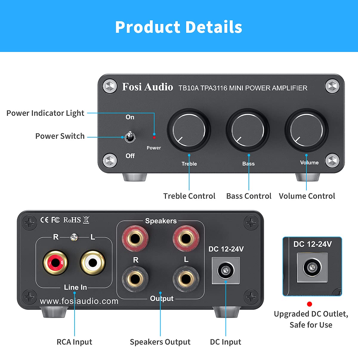 Fosi Audio TB10A 2 Channel Stereo Audio Amplifier Receiver Mini Hi-Fi Class D Integrated Amp 2.0CH for Home Speakers 100W x 2 with Bass and Treble