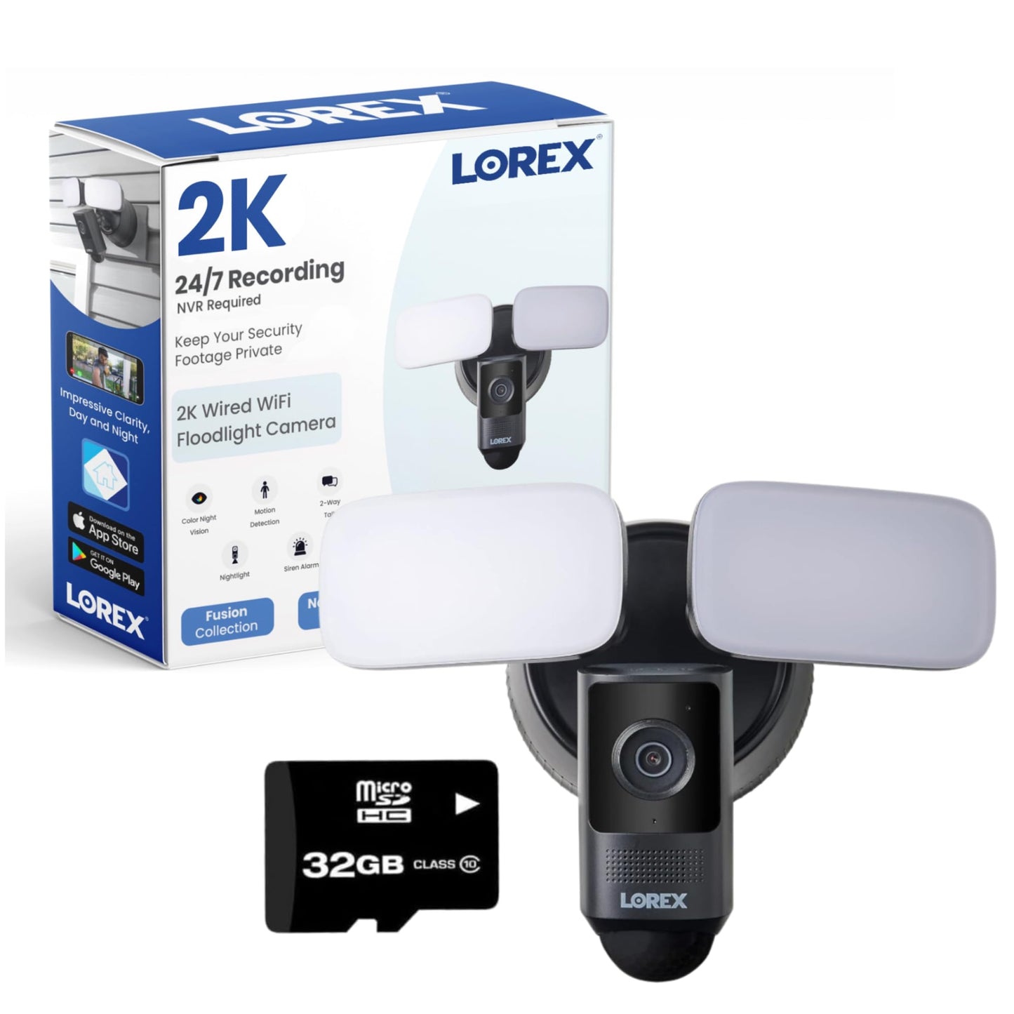 Lorex 2K Wi-Fi Floodlight Security Camera | Black | 32GB MicroSD Card Included | No Monthly Fee | Color Night Vision | Motion Detection | 2-Way Talk |