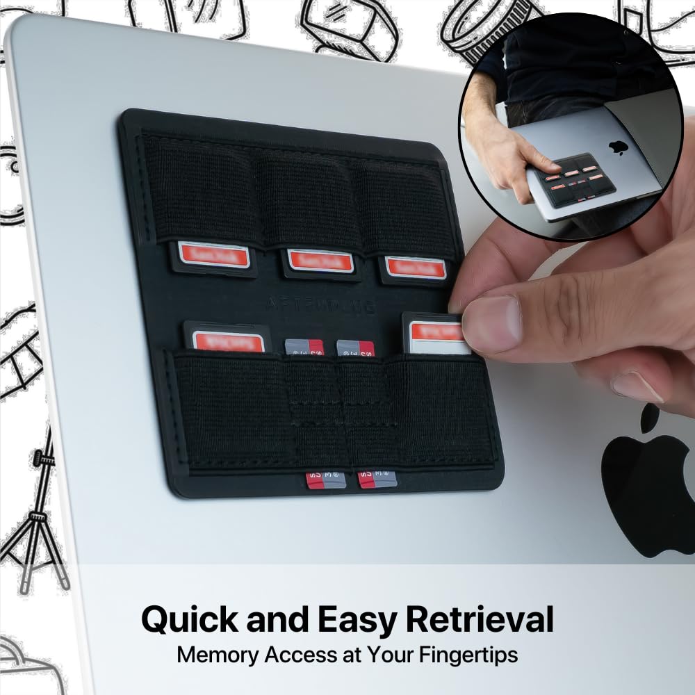 Afterplug Ultra Slim Adhesive SD & MicroSD Card Holder for Laptops, 9 Slots for 5 SD and 4 MicroSD Cards, Black
