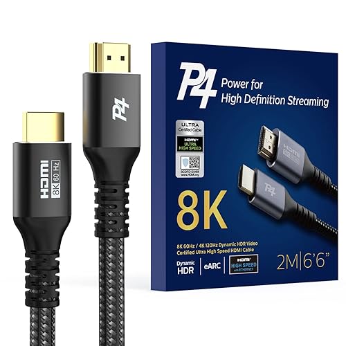 P4 Premium 8K HDMI 2.1 Cable - 6.6ft Braided Cord, Certified High Speed, 8K@60Hz, 4K@120Hz - eARC, HDCP 2.2&2.3, HDR10+, Atmos - Compatible with Apple