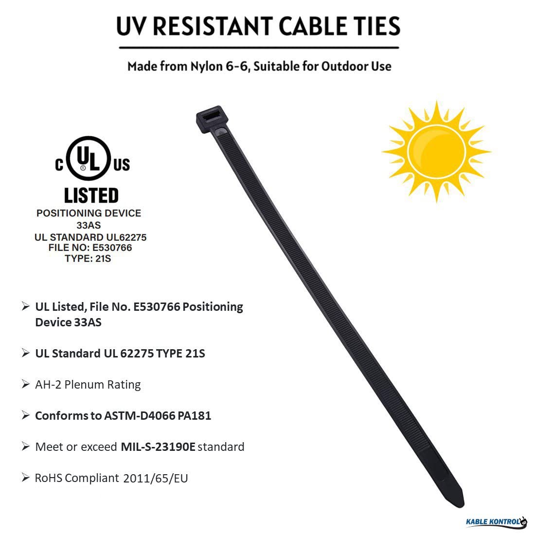 Kable Kontrol Cable Zip Ties 100 Pcs 11 Inch Black, 50 Lbs Tensile Strength, Self-locking UV Resistant Plastic Nylon Wire Ties, for Indoor or Outdoor