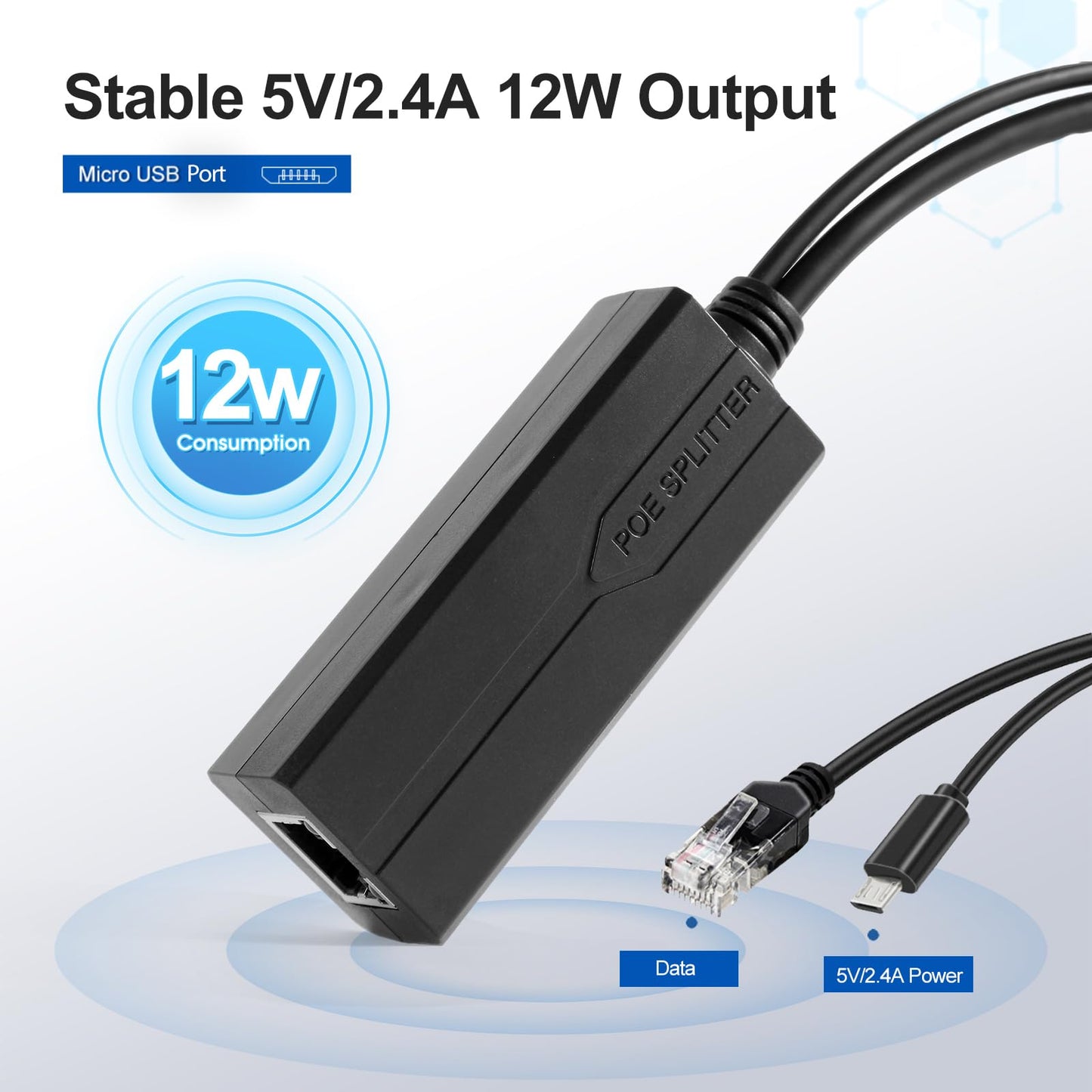 Gigabit PoE Splitter Micro USB 5V Adapter, Active 48V POE to 5V 2.4A Micro USB Power Adapter, 1000Mbps IEEE 802.3af/at Compliant, Power over Ethernet