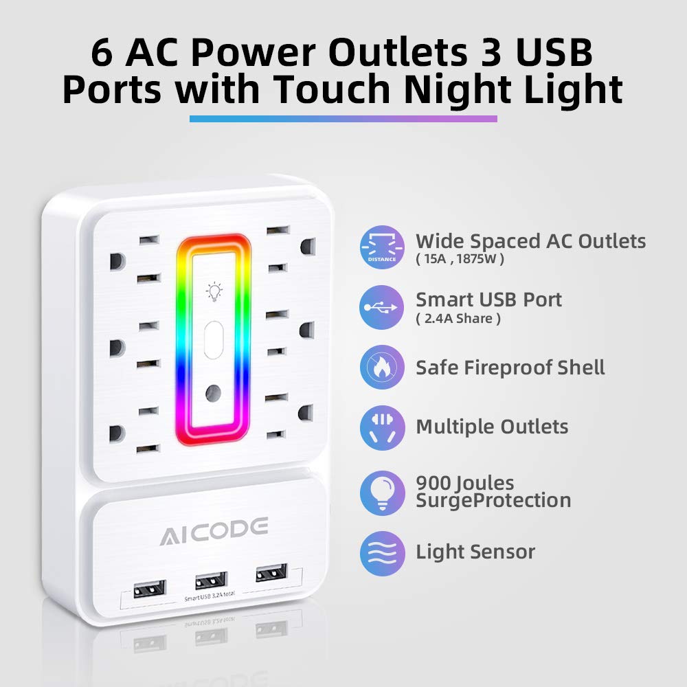 Multi Plug Outlet Extender,AICODE 6 Outlet Surge Outlet Protector with 3 USB Charger(3.2A Total),Wall Outlet Plug Electrical Outlet with 6 Ambient RGB