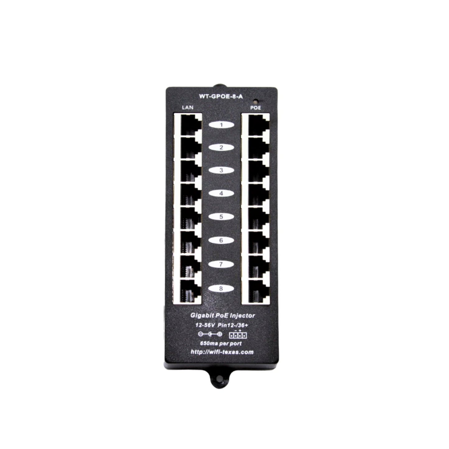 PoE Texas 8 Port PoE Injector - Gigabit Passive Power Over Ethernet Midspan - Front Wall Mount for Security Cameras, IP Phones, WiFi APs - Works