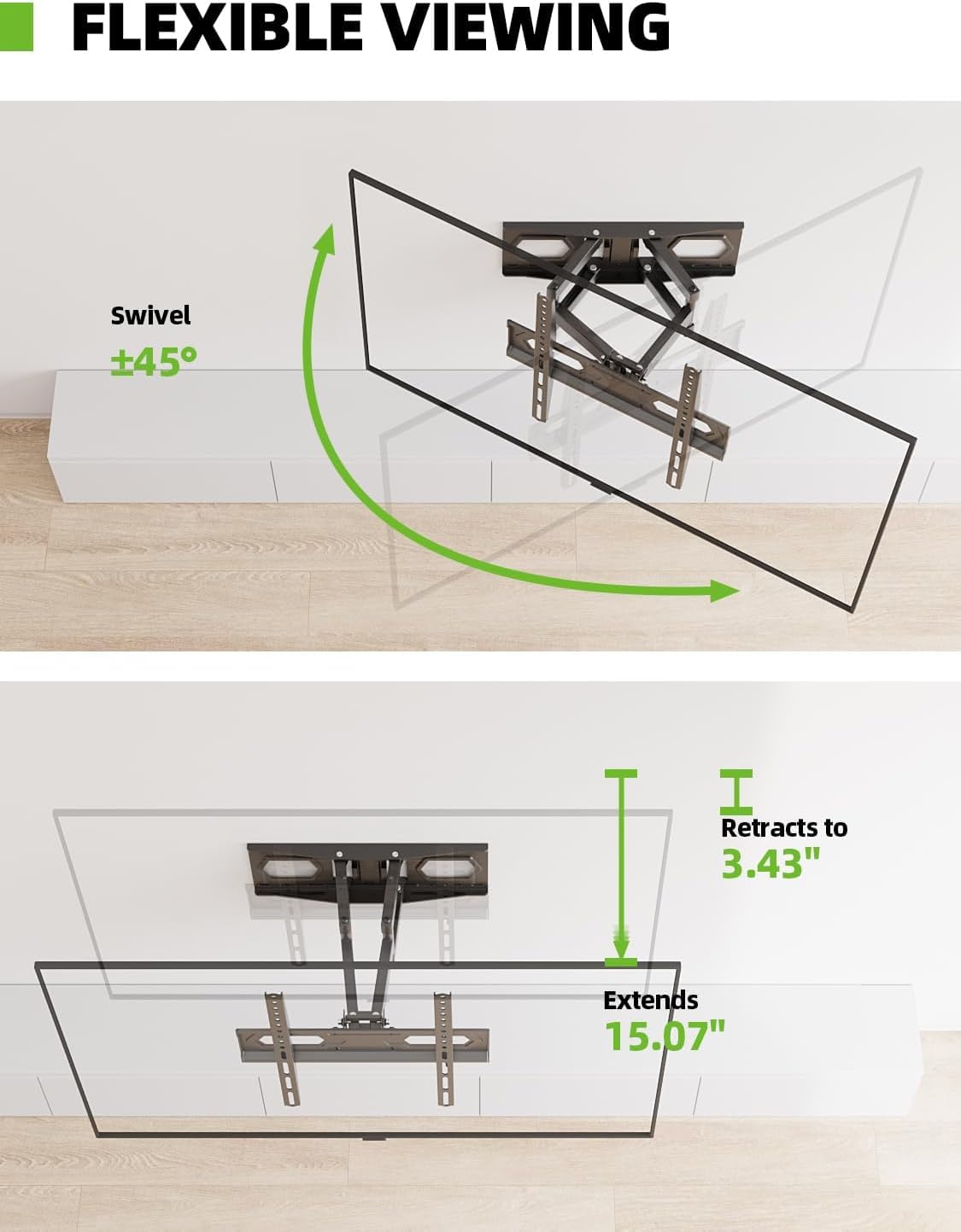 USX MOUNT TV Wall Mount for 32-74 inch Flat Screen/LED/4K up to 110lbs, Full Motion TV Mount Bracket with Swivel & Tilt Articulating Dual Arms, Max