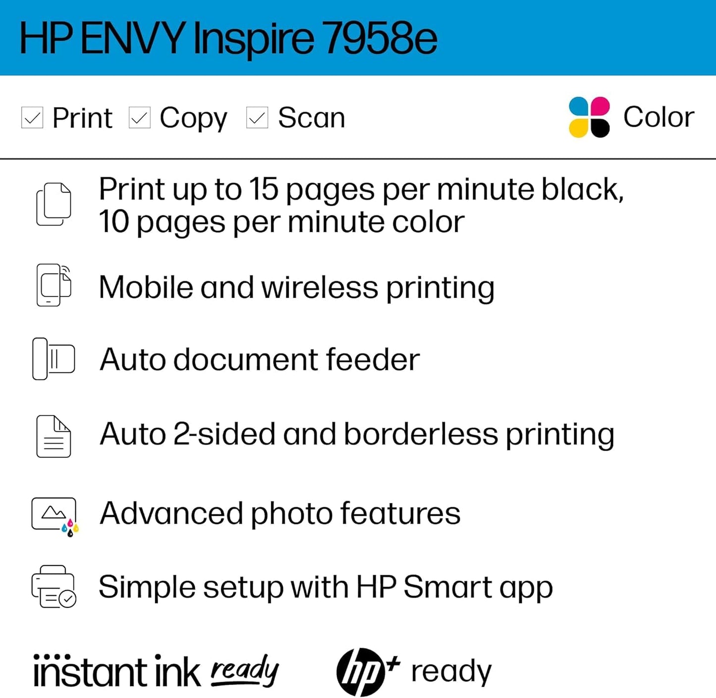 HP Envy Inspire 7958e Wireless All-in-One Color Inkjet Printer, Print, scan, Copy, Duplex Printing Best-for-Home, 3 Months of Instant Ink Included