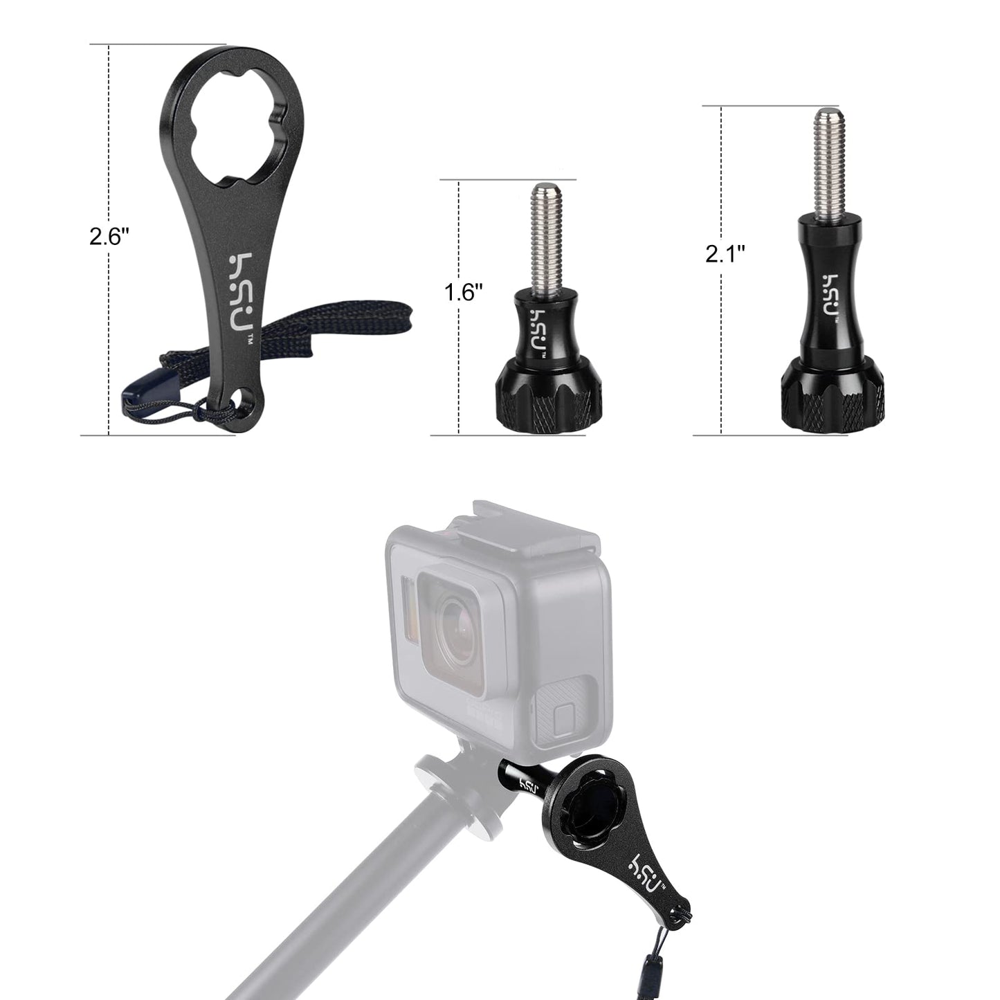 HSU All Aluminum Alloy Basic Adapter Grab Bag for GoPro, Including 1/4 inch 20 Tripod Mount, Rotation Camera Mount, Adjust Arm, Thumbscrew