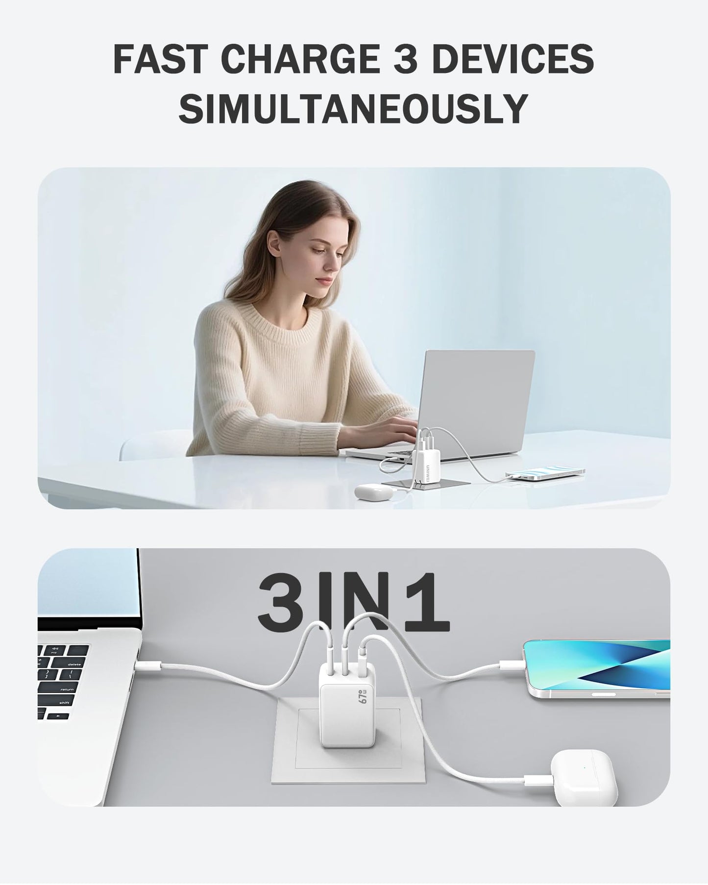 UNIWEI 67W USB C Charger, GaN PPS 3-Port Fast Compact Foldable USB C Charger Block for MacBook, iPad Pro, Galaxy S24, iPhone 16/15 and More