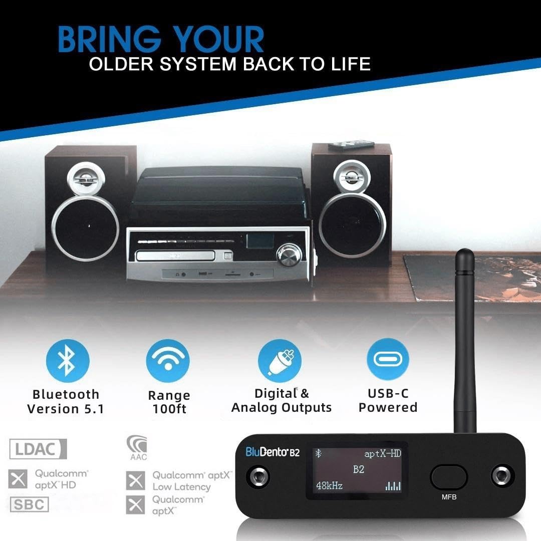 B2 LDAC/aptX HD Bluetooth 5.1 Hi-Fi Audio Receiver with ESS DAC, OLED Display, Analog RCA, Digital Optical & Coaxial Outputs, Extended Range for Home