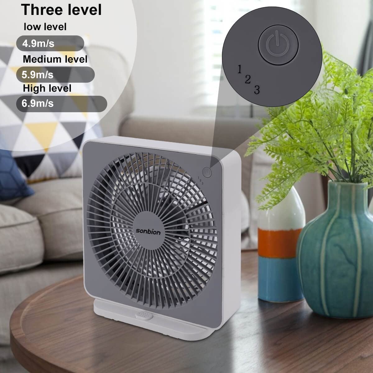 SONBION Small Box Fan, 10 inch Window Fan with 3 Speeds Strong Airflow, DC Adapter Square Table Fan for Office Bedroom Living Room Apartment, Quiet