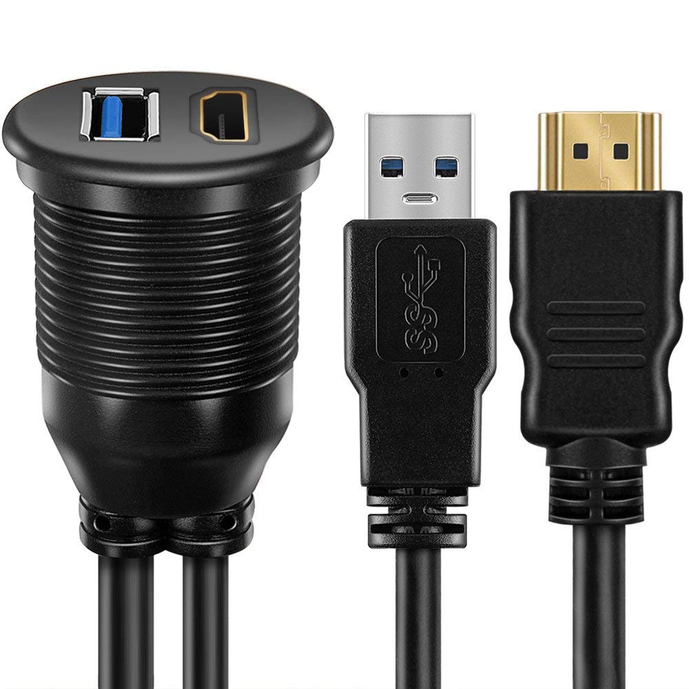 OBVIS USB3.0 and HDMI Mount Cable - USB3.0 and HDMI Extension Flush, Dash, Panel Mount Cable, for Car, Boat, Motorcycle (3 Feet)