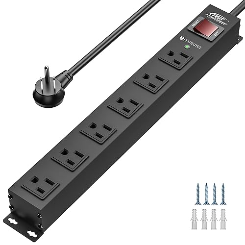 CRST 6 Outlet Heavy Duty Power Strip with Switch, 15A/1875W Metal Mountable Power Strip Surge Protector 2100Joules, Wide Spaced Power Bar for Garage