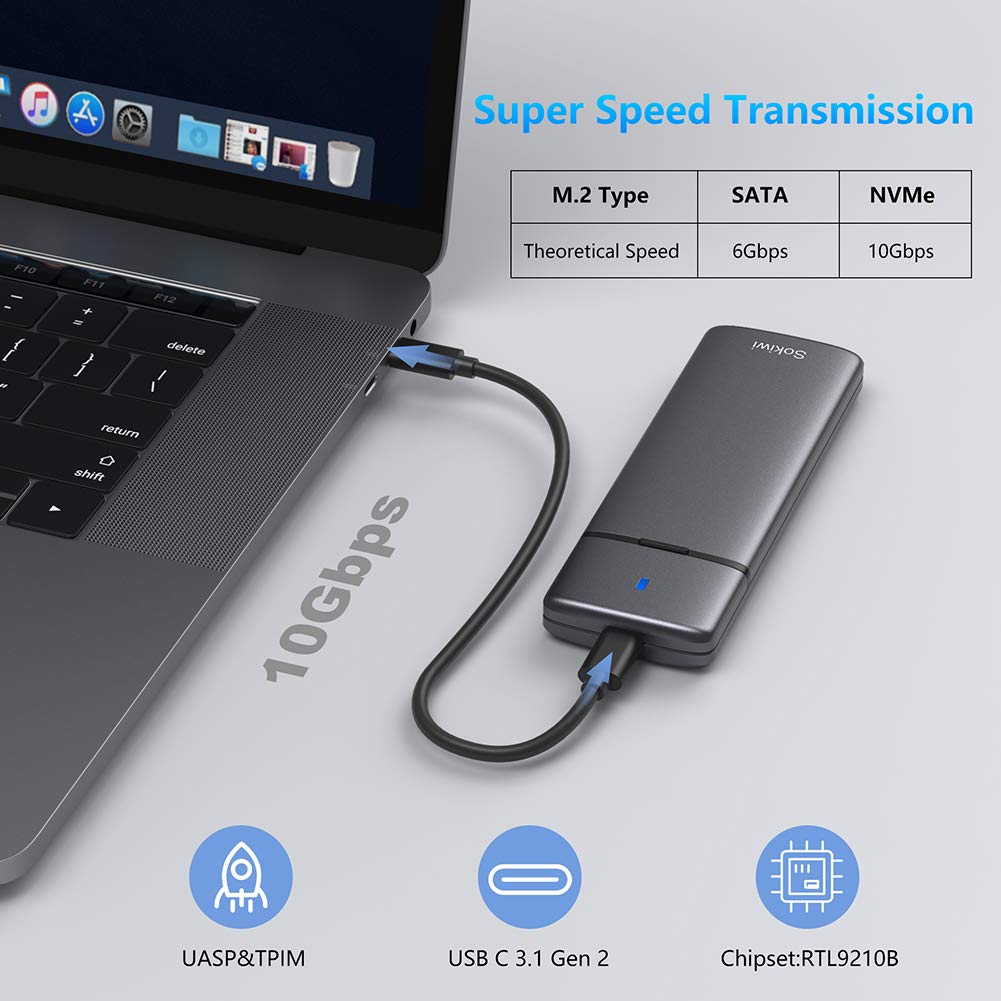 M.2 NVMe SATA SSD Enclosure Adapter Tool-Free,Sokiwi USB 3.2 Gen2 10Gbps External to USB PCI-E 6Gbps SATA M-Key / B+M Key, NVMe Reader Support UASP