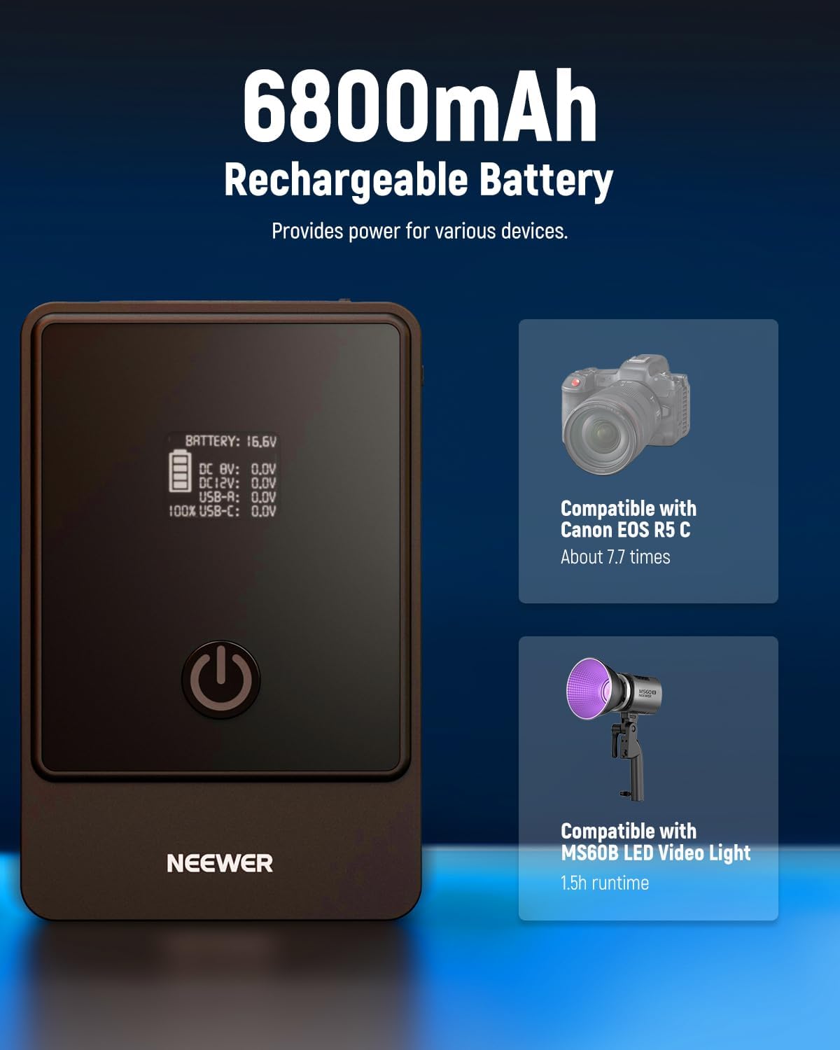 NEEWER Mini V Mount Battery, 6800mAh 99Wh V Lock Battery, PD65W Fast Charging/D Tap/BP/USB A/Dual DC Port/OLED Display for Camcorder Video Camera
